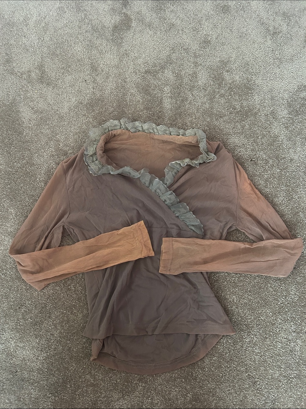 Ruffled Collar Sheer Long Sleeve Top - Mauve Brown Portabello Road Market Thrift